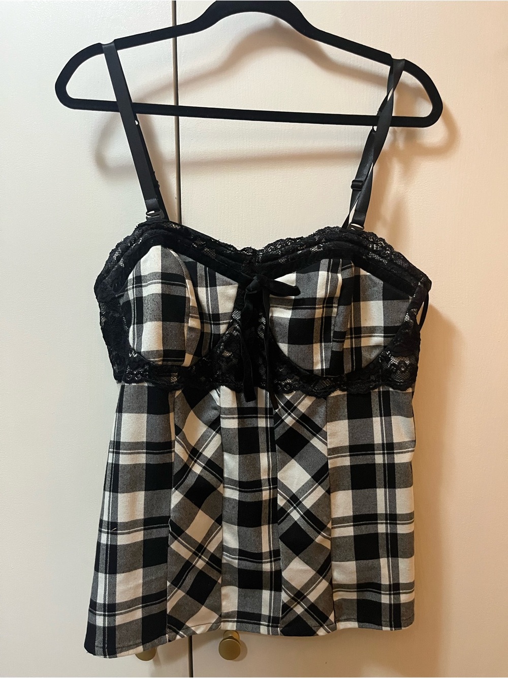 Retro Chic Black and White Plaid Lace-Trim Chemise Top